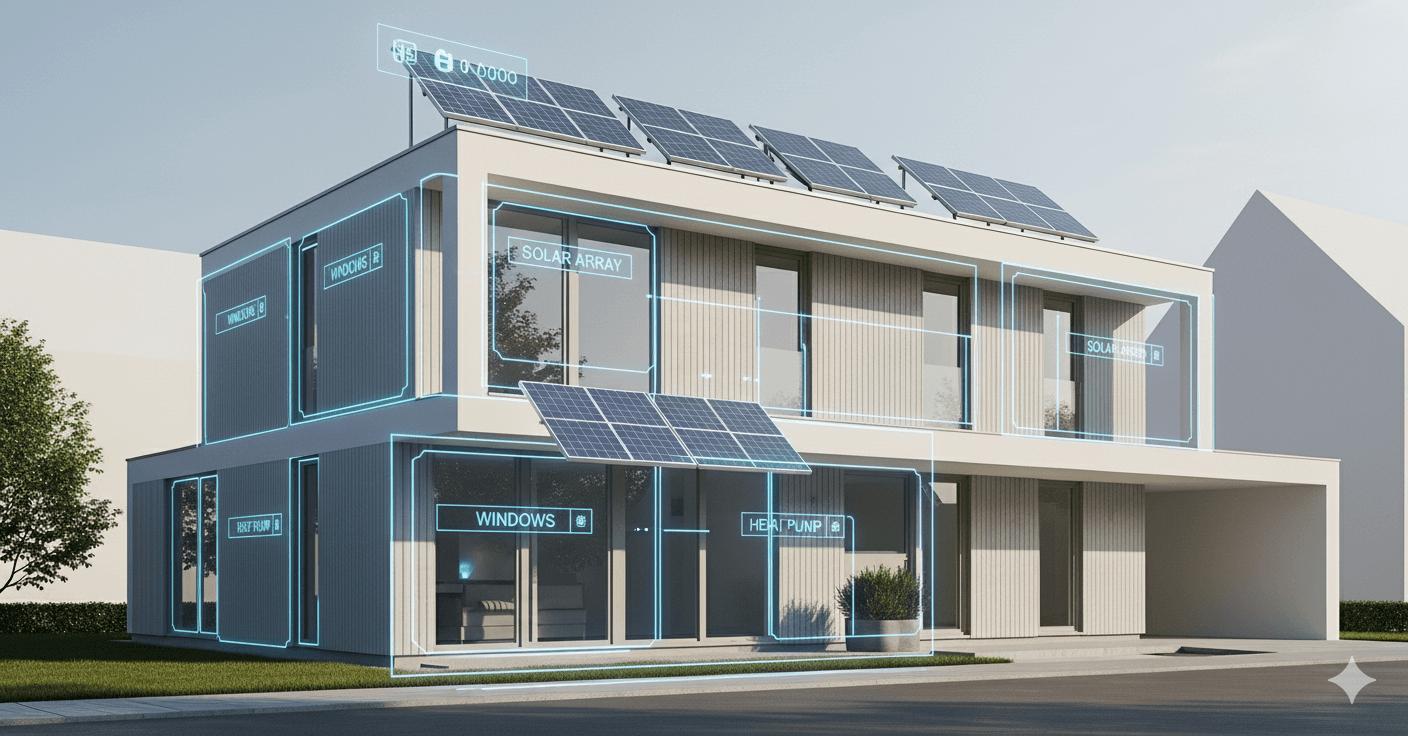 Ein modernes, helles Fertighaus in einer digitalen Planungsansicht mit hervorgehobenen Komponenten